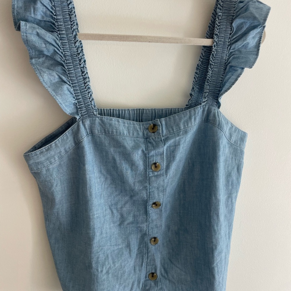 Light Blue Ruffle Strap Button-Down Top - Picture 2 of 6
